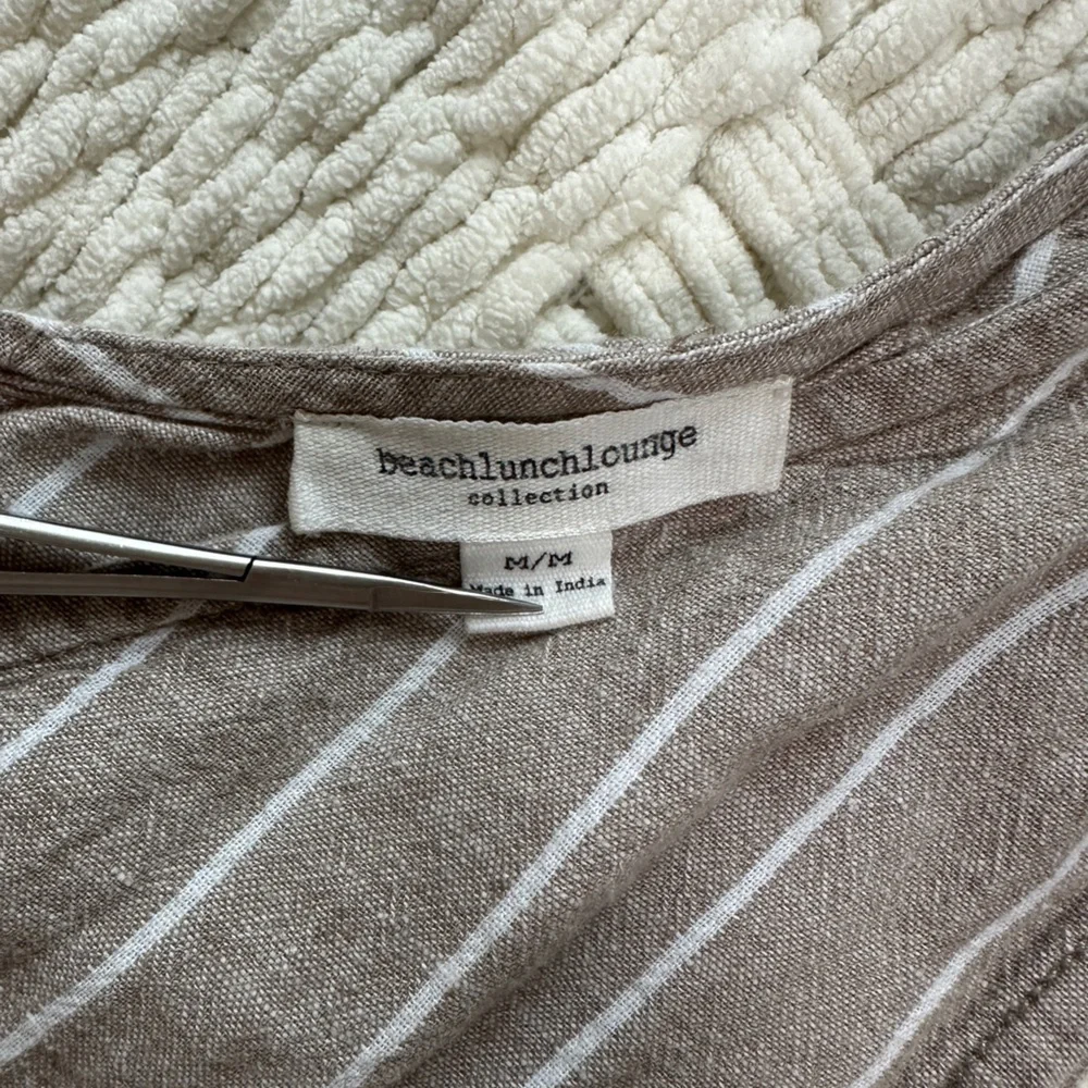 Beachlunchlounge cotton linen taupe and white vertical striped wide leg jumpsuit